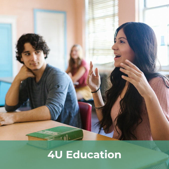 A high school student sits at a desk and appears to be talking enthusiastically, while the guy sitting next to her looks at her admiringly. There is a text bar on the bottom of the image that reads 4U Education.